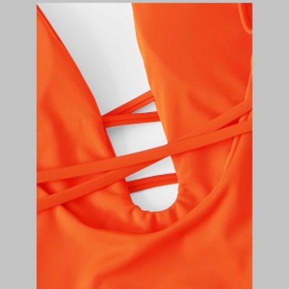 Orange Belted  Plunging Neckline 1 Piece - Picture 3 of 8